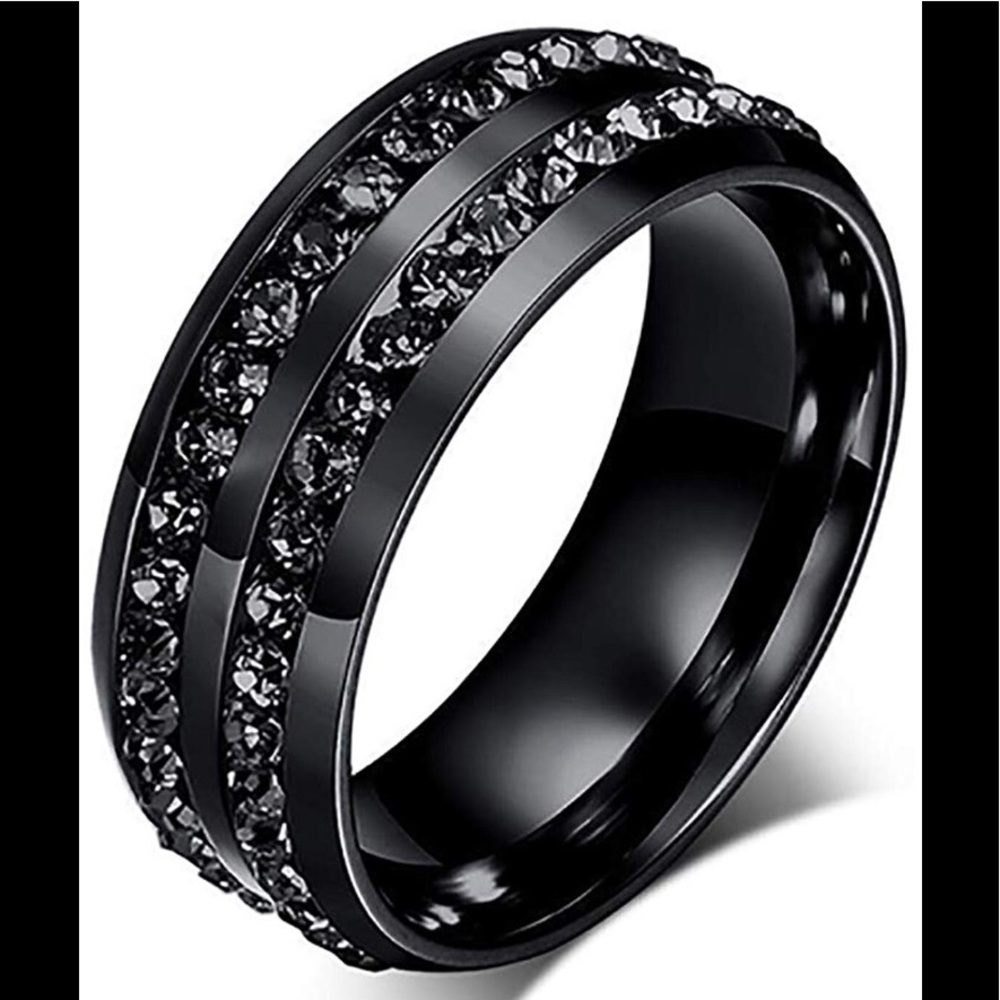 Unisex Stainless Steel Ring Black Rhinestone Band